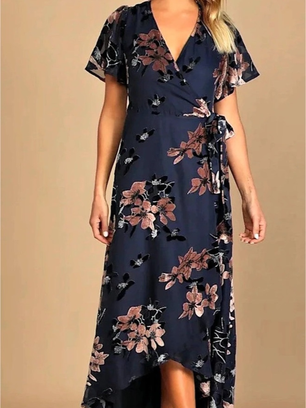 Lulus Bistro Dates Navy Blue Burnout Velvet Jacquard Wrap Maxi Dress size Small